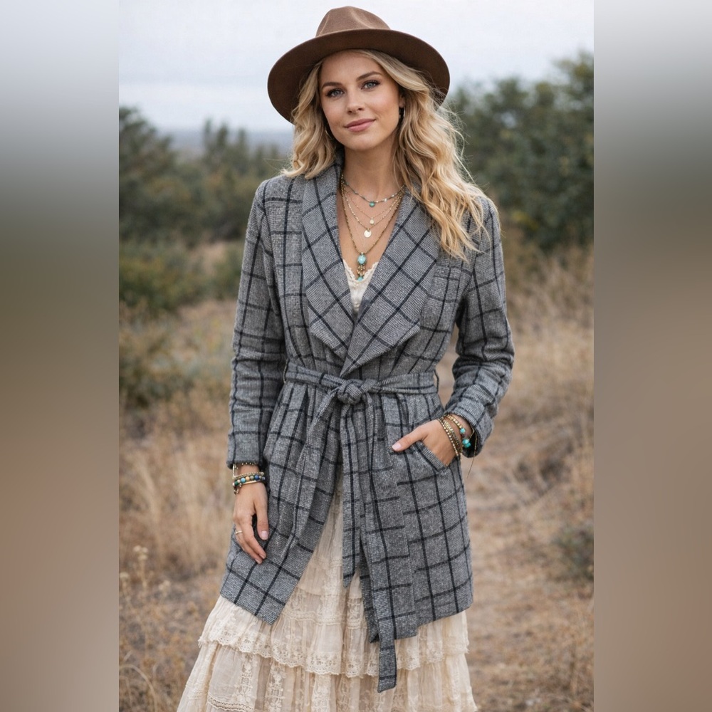 FAVLUX Gray Plaid Belted Coat